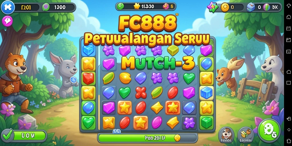 Screenshot FC888 menunjukkan gameplay Match-3 yang menarik dan penuh warna.