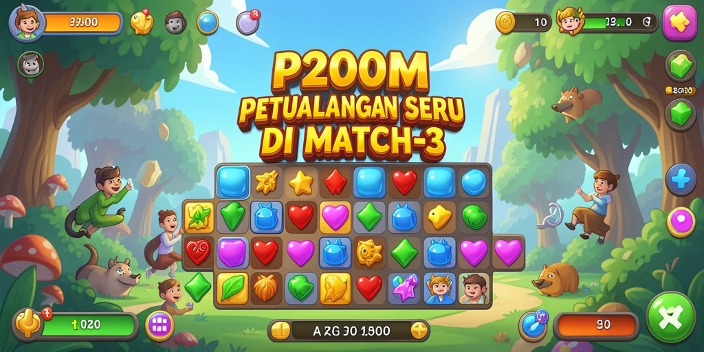 Tampilan seru gameplay P200M dengan efek match-3 yang dinamis.