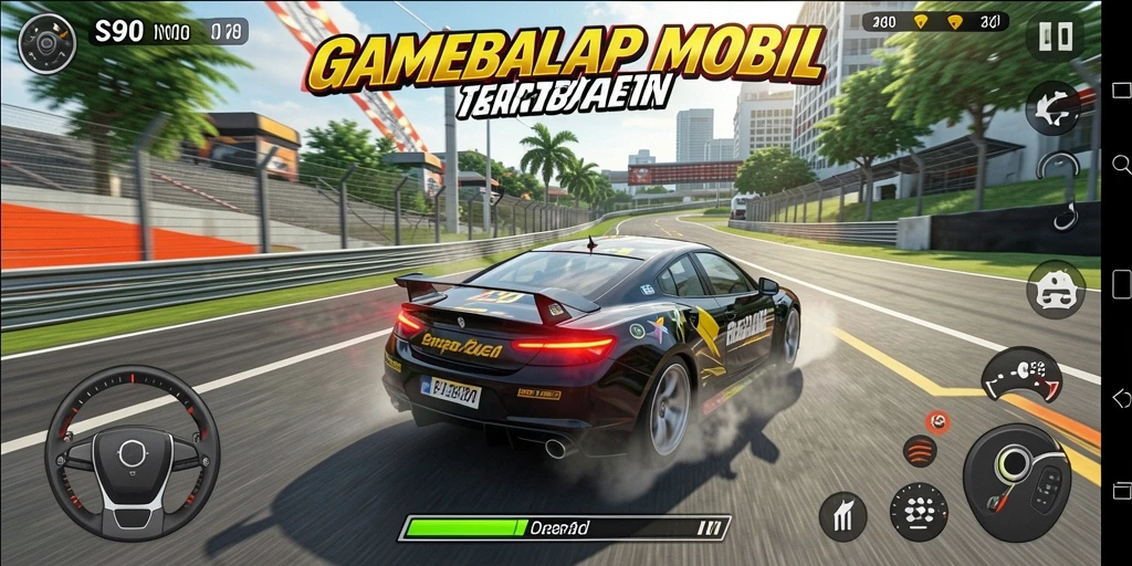 Screenshot gameplay S80 dengan mobil balap di trek menantang.